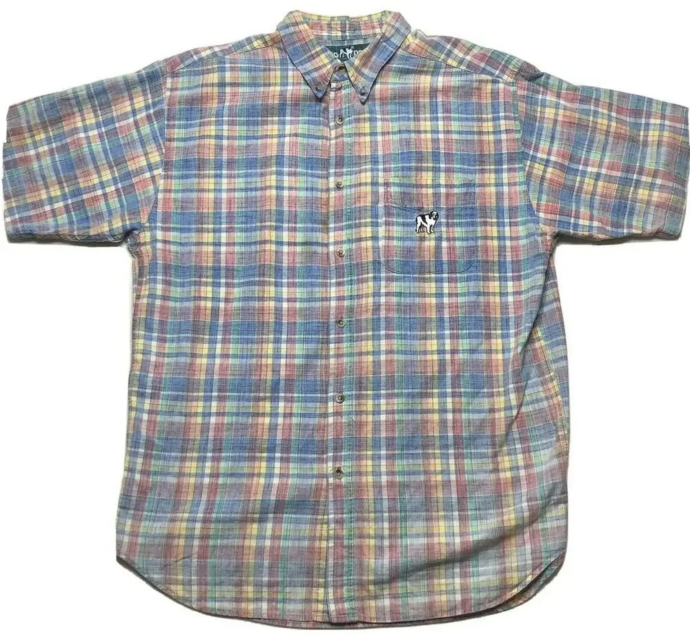 Big Dogs Shirt Men's Medium Blue Red Green Plaids Camp Style Cotton Short Sleeve